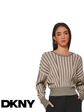 DKNY Stripe Drop Shoulder Sweater -Black Pebble (Gray) -Size XL -Neutral/ Office